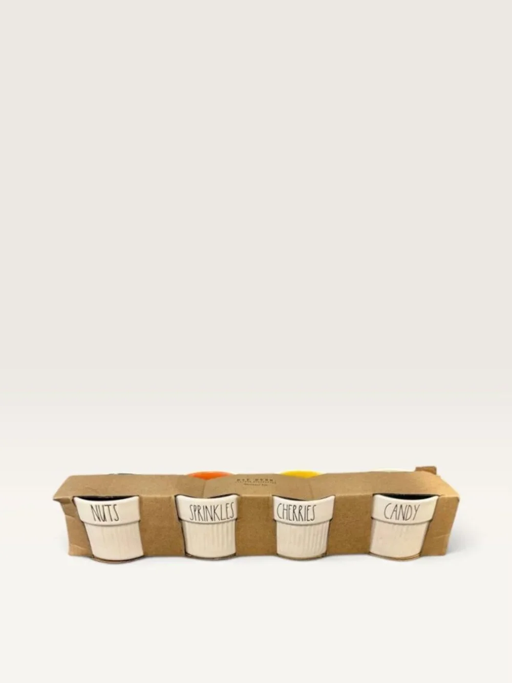 Rae Dunn Ramekins Set of 4 “Nuts,” “Sprinkles,” “Cherries,” and “Candy.”  New